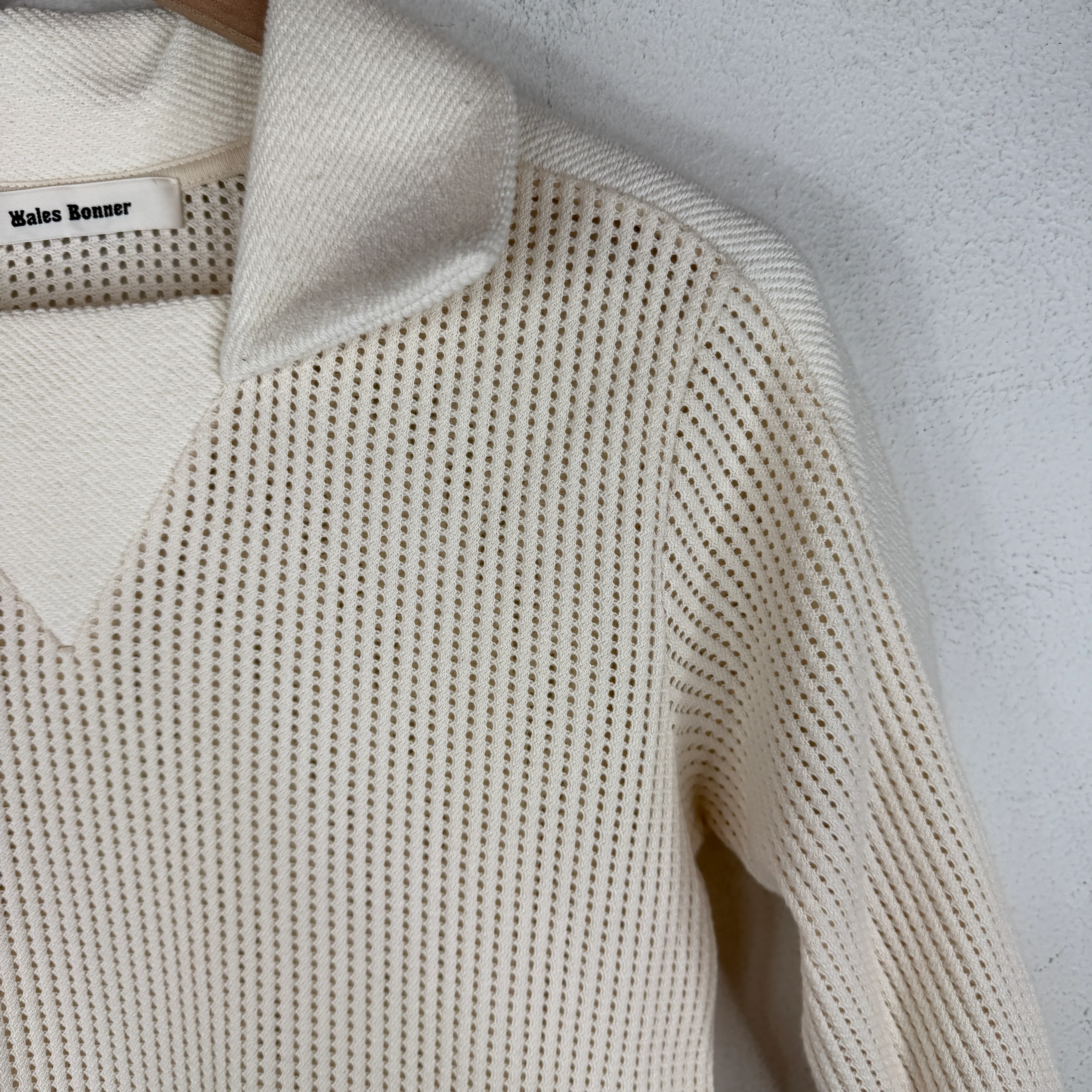 Wales Bonner Cream Open Knit Longsleeve Polo T-Shirt - Image 5